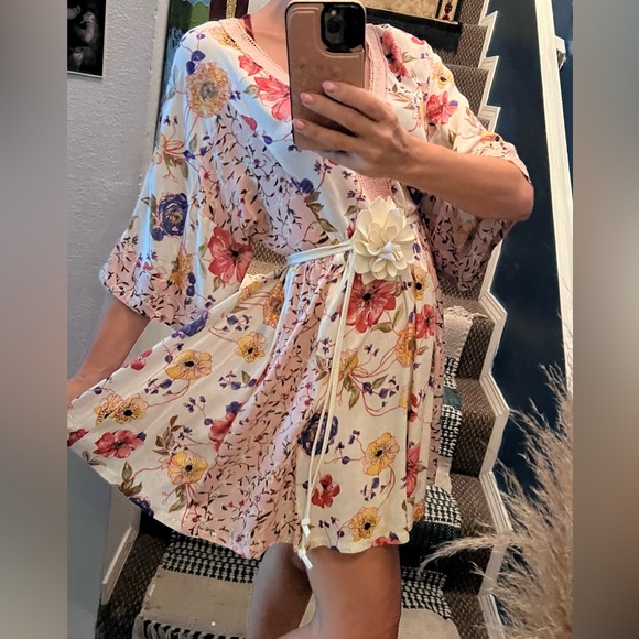 NWT Boho Mixed Floral Print Babydoll  Lace Mini Dress Patch Ivory Blush Summer - Picture 3 of 16